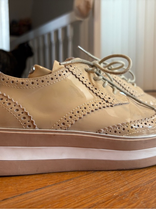 Patent Leather Brogue Oxford Lace-Up Flats in Beige - Picture 5 of 9
